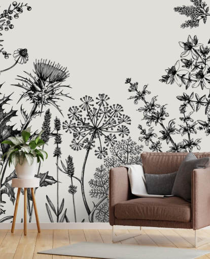 Wandbild Handsketched Herbs and Flowers, individuell gestaltbar, Distel-Tapete in Schwarz und Weiß für Schlafzimmer und Wohnzimmer