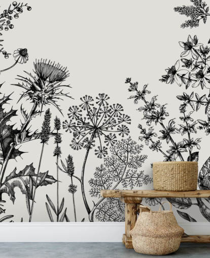 svartvit anpassningsbar tistel tapetväggmålning kallad Hand-Sketched Herbs and Flowers för sovrum och vardagsrum