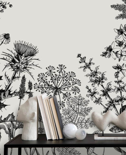 carta da parati murale personalizzabile in bianco e nero con cardo chiamato Hand-Sketched Herbs and Flowers per camere da letto e salotti