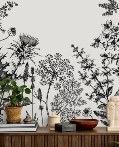 svartvit anpassningsbar tistel tapetväggmålning kallad Hand-Sketched Herbs and Flowers för sovrum och vardagsrum