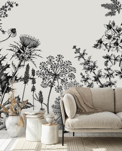 black and white customisable thistle wallpaper mural called Hand-Sketched Herbs and Flowers for bedrooms and living rooms