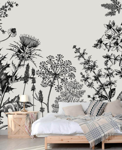 mural de papel de parede de cardo personalizável em preto e branco chamado Hand-Sketched Herbs and Flowers para quartos e salas de estar