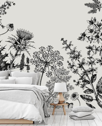 black and white customisable thistle wallpaper mural called Hand-Sketched Herbs and Flowers for bedrooms and living rooms