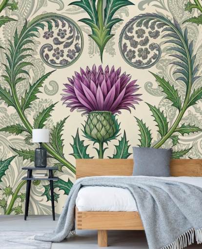 Wandbild Schottische Distel-Tapete in Violett und Grün, personalisierbar, für Wohnzimmer, Schlafzimmer und mehr