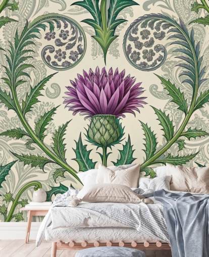 purple and green customisable thistle wallpaper mural called Scottish Thistle for living rooms, bedrooms and more