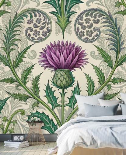 mural de papel pintado de cardo personalizable morado y verde llamado Scottish Thistle para salas de estar, dormitorios y más
