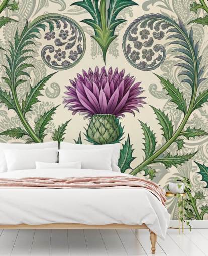 mural de papel pintado de cardo personalizable morado y verde llamado Scottish Thistle para salas de estar, dormitorios y más
