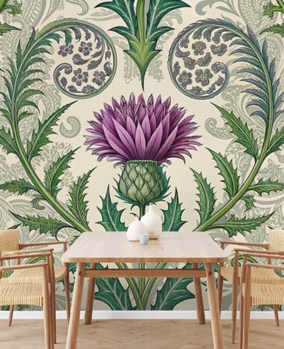 papier peint mural personnalisable violet et vert en forme de chardon appelé Scottish Thistle pour les salons, les chambres et plus encore