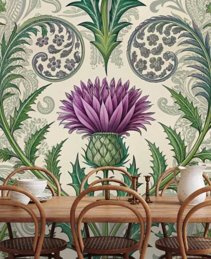 violetti ja vihreä muokattava ohdakkeen taustakuvamaalaus nimeltä Scottish Thistle olohuoneisiin, makuuhuoneisiin ja muuhun