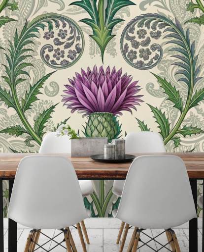 mural de papel de parede de cardo personalizável roxo e verde chamado Scottish Thistle para salas de estar, quartos e muito mais