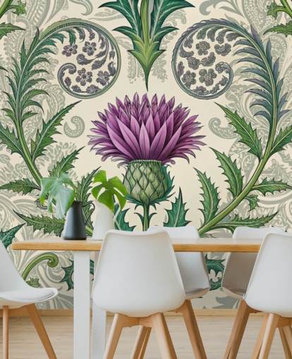 mural de papel pintado de cardo personalizable morado y verde llamado Scottish Thistle para salas de estar, dormitorios y más
