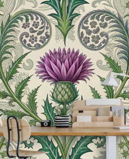 mural de papel pintado de cardo personalizable morado y verde llamado Scottish Thistle para salas de estar, dormitorios y más