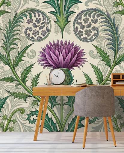 carta da parati murale personalizzabile con cardo selvatico viola e verde chiamato Scottish Thistle per salotti, camere da letto e altro carta da parati murale personalizzabile con cardo selvatico viola e verde chiamato Scottish Thistle per salotti, camere da letto e altro