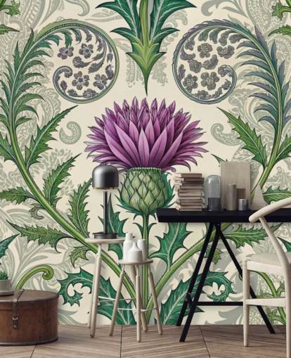 paarse en groene aanpasbare distel behangmuurschildering genaamd Scottish Thistle voor woonkamers, slaapkamers en meer