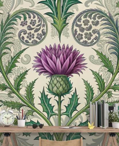 purple and green customisable thistle wallpaper mural called Scottish Thistle for living rooms, bedrooms and more