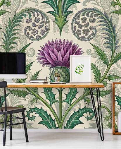 papier peint mural personnalisable violet et vert en forme de chardon appelé Scottish Thistle pour les salons, les chambres et plus encore