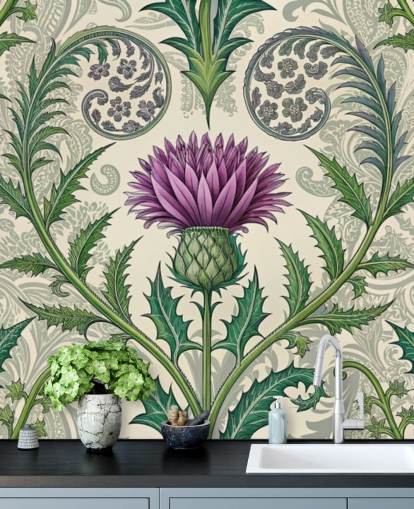 purple and green customizable thistle wallpaper mural called Scottish Thistle for living rooms, bedrooms and more