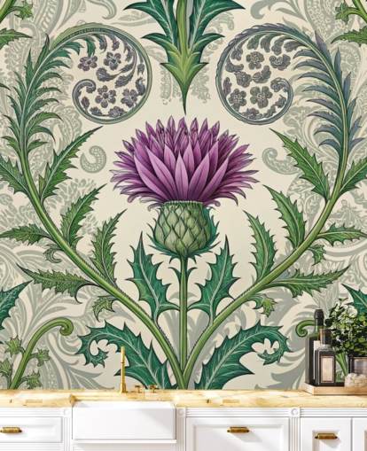 papier peint mural personnalisable violet et vert en forme de chardon appelé Scottish Thistle pour les salons, les chambres et plus encore
