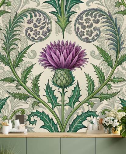 mural de papel pintado de cardo personalizable morado y verde llamado Scottish Thistle para salas de estar, dormitorios y más