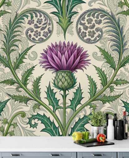 purple and green customizable thistle wallpaper mural called Scottish Thistle for living rooms, bedrooms and more