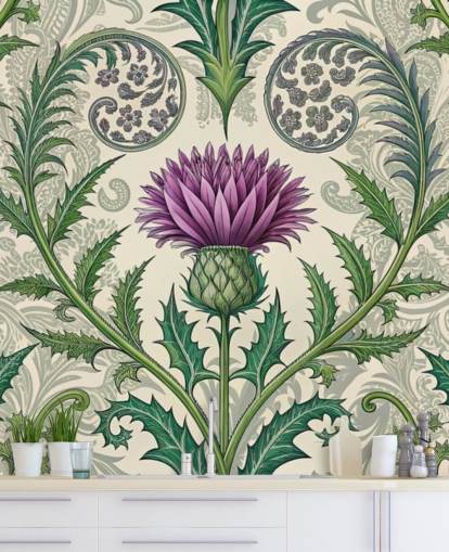 mural de papel pintado de cardo personalizable morado y verde llamado Scottish Thistle para salas de estar, dormitorios y más