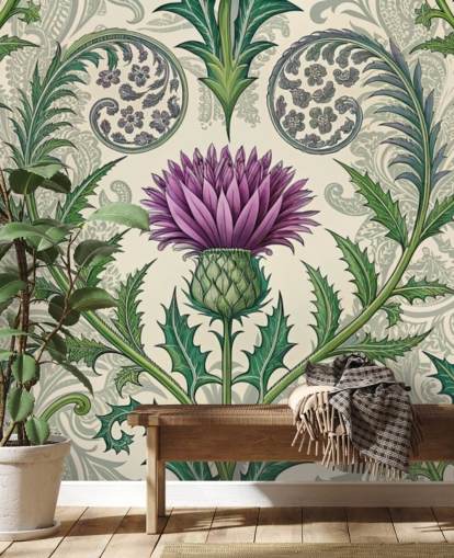 lila och grön anpassningsbar tistel tapetväggmålning kallad Scottish Thistle för vardagsrum, sovrum och mer