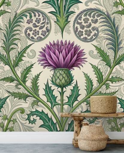 mural de papel pintado de cardo personalizable morado y verde llamado Scottish Thistle para salas de estar, dormitorios y más