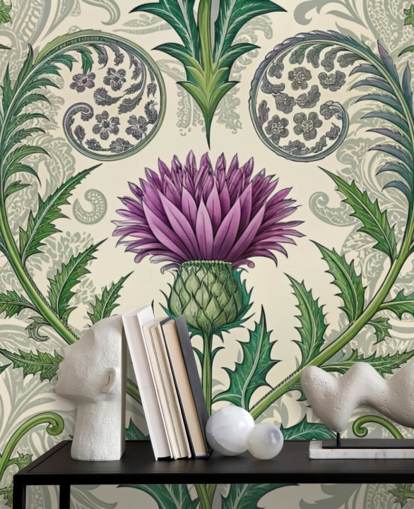 lila och grön anpassningsbar tistel tapetväggmålning kallad Scottish Thistle för vardagsrum, sovrum och mer