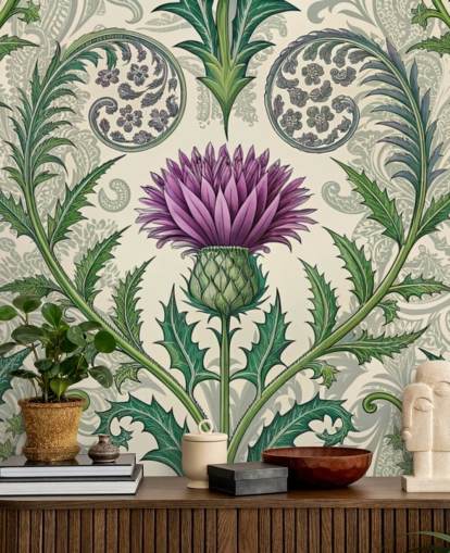 purple and green customizable thistle wallpaper mural called Scottish Thistle for living rooms, bedrooms and more