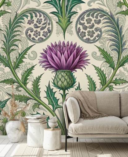 carta da parati murale personalizzabile con cardo selvatico viola e verde chiamato Scottish Thistle per salotti, camere da letto e altro carta da parati murale personalizzabile con cardo selvatico viola e verde chiamato Scottish Thistle per salotti, camere da letto e altro