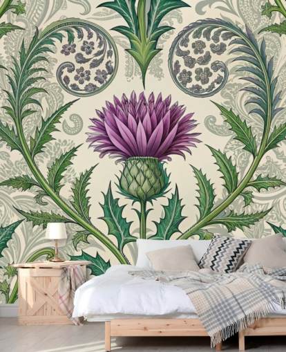 purple and green customizable thistle wallpaper mural called Scottish Thistle for living rooms, bedrooms and more