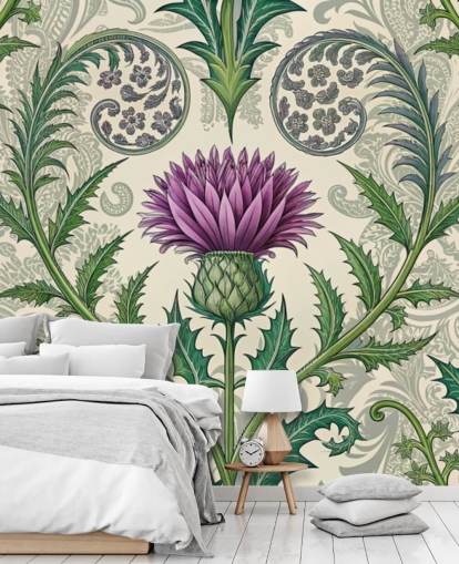 carta da parati murale personalizzabile con cardo selvatico viola e verde chiamato Scottish Thistle per salotti, camere da letto e altro
