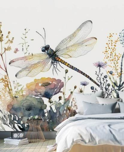 colorful customizable dragonfly wallpaper mural called Dragonfly Watercolor for bedrooms and living rooms