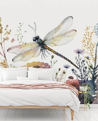 colorful customizable dragonfly wallpaper mural called Dragonfly Watercolor for bedrooms and living rooms