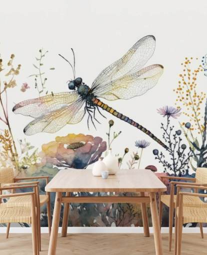 farverigt tilpasseligt guldsmede tapetmaleri kaldet Dragonfly Watercolour til soveværelser og stuer