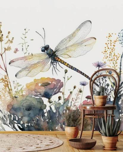 colorido mural de papel pintado de libélulas personalizable llamado Dragonfly Watercolour para dormitorios y salas de estar