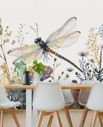 colorful customizable dragonfly wallpaper mural called Dragonfly Watercolor for bedrooms and living rooms