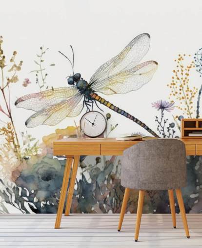 colorido mural de papel pintado de libélulas personalizable llamado Dragonfly Watercolour para dormitorios y salas de estar