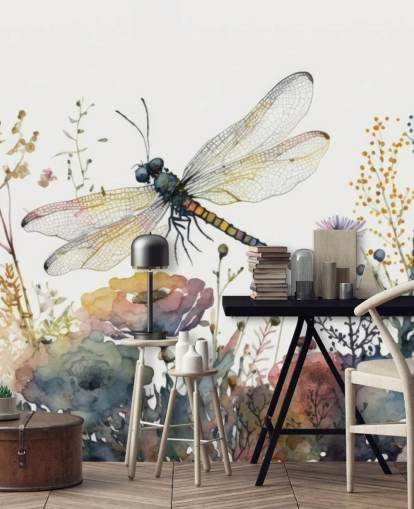 colorful customizable dragonfly wallpaper mural called Dragonfly Watercolor for bedrooms and living rooms