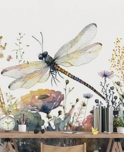 colorido mural de papel pintado de libélulas personalizable llamado Dragonfly Watercolour para dormitorios y salas de estar