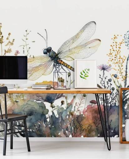 fargerikt tilpassbart øyenstikkere tapetveggmaleri kalt Dragonfly Watercolor for soverom og stuer