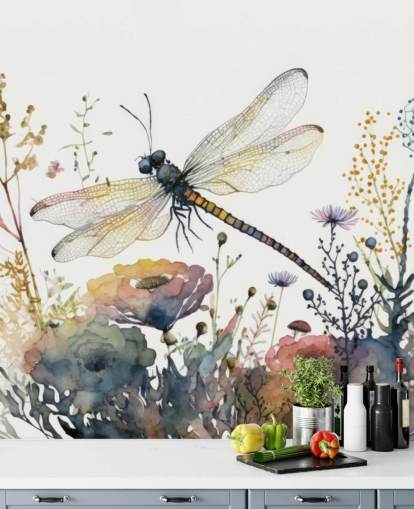 mural colorido de papel de parede de libélula personalizável chamado Dragonfly Watercolour para quartos e salas de estar
