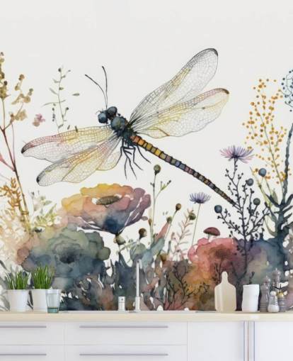 colorful customizable dragonfly wallpaper mural called Dragonfly Watercolor for bedrooms and living rooms