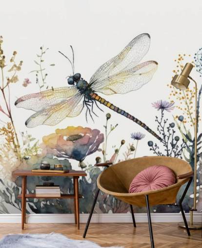 Buntes personalisierbares Libellentapeten-Wandbild namens Dragonfly Watercolour für Schlafzimmer und Wohnzimmer