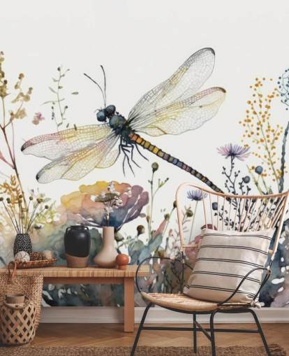 carta da parati murale colorata e personalizzabile con libellule chiamata Dragonfly Watercolour per camere da letto e salotti