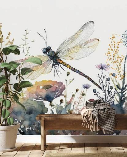 colorful customizable dragonfly wallpaper mural called Dragonfly Watercolor for bedrooms and living rooms