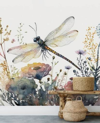 colorful customizable dragonfly wallpaper mural called Dragonfly Watercolor for bedrooms and living rooms