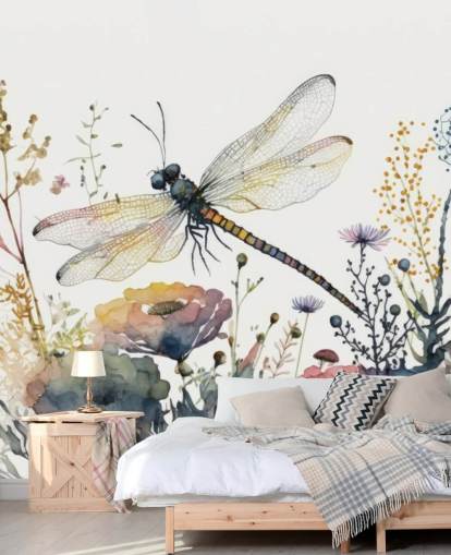 colorful customizable dragonfly wallpaper mural called Dragonfly Watercolor for bedrooms and living rooms