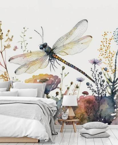 colorful customizable dragonfly wallpaper mural called Dragonfly Watercolor for bedrooms and living rooms