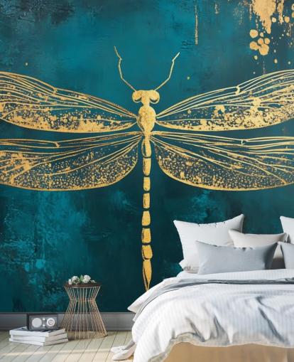 papier peint mural personnalisable en forme de libellule doré et bleu sarcelle appelé Gold Dragonfly pour les chambres